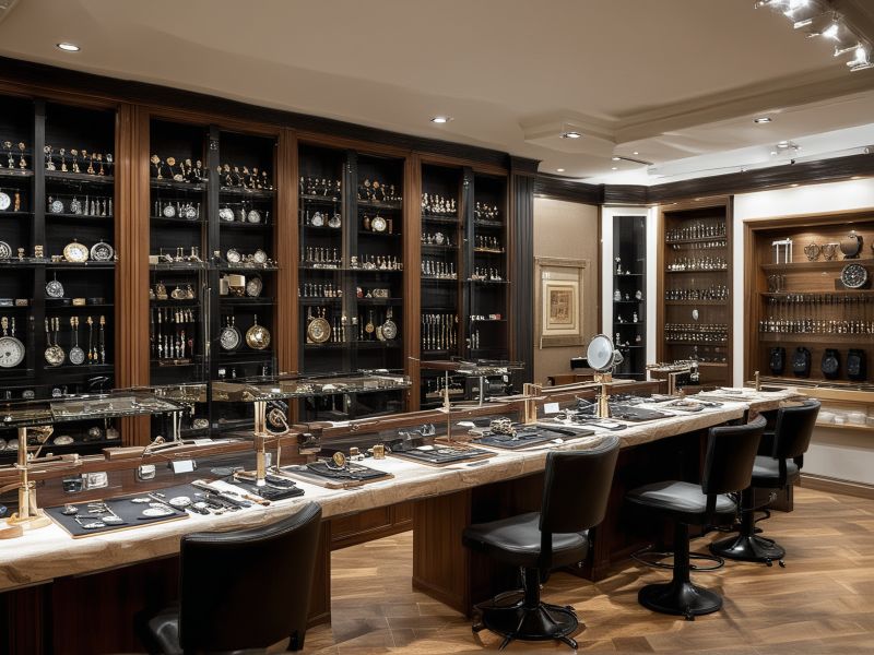 Professional jewelry workshop interior with precision tools and timepiece restoration equipment