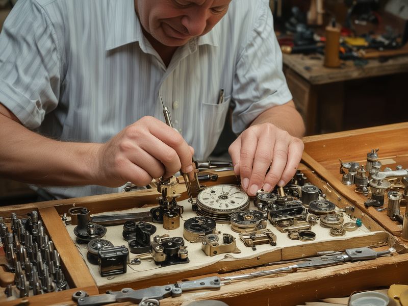 Master horologist working on antique clock in professional workshop setting