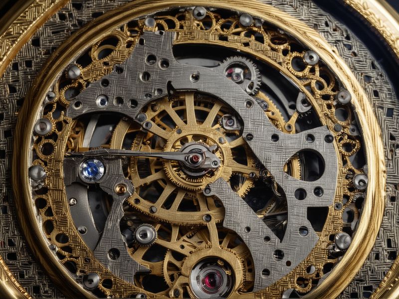 Detailed view of watch movement being repaired with precision tools in professional workshop