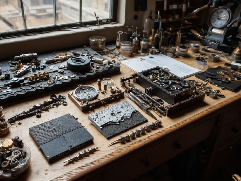 Modern professional clock repair workshop with precision equipment and tools
