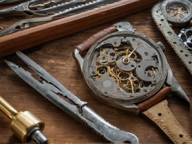 Master horologist working with precision tools on vintage timepiece restoration