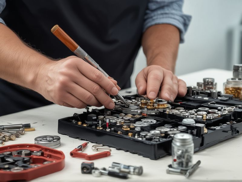 Watch technician carefully replacing battery in professional workshop with precision tools