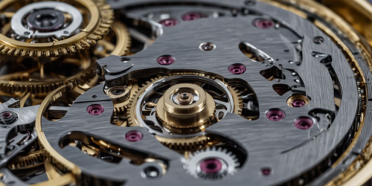 Close-up of precision watch movement showing intricate gears and springs